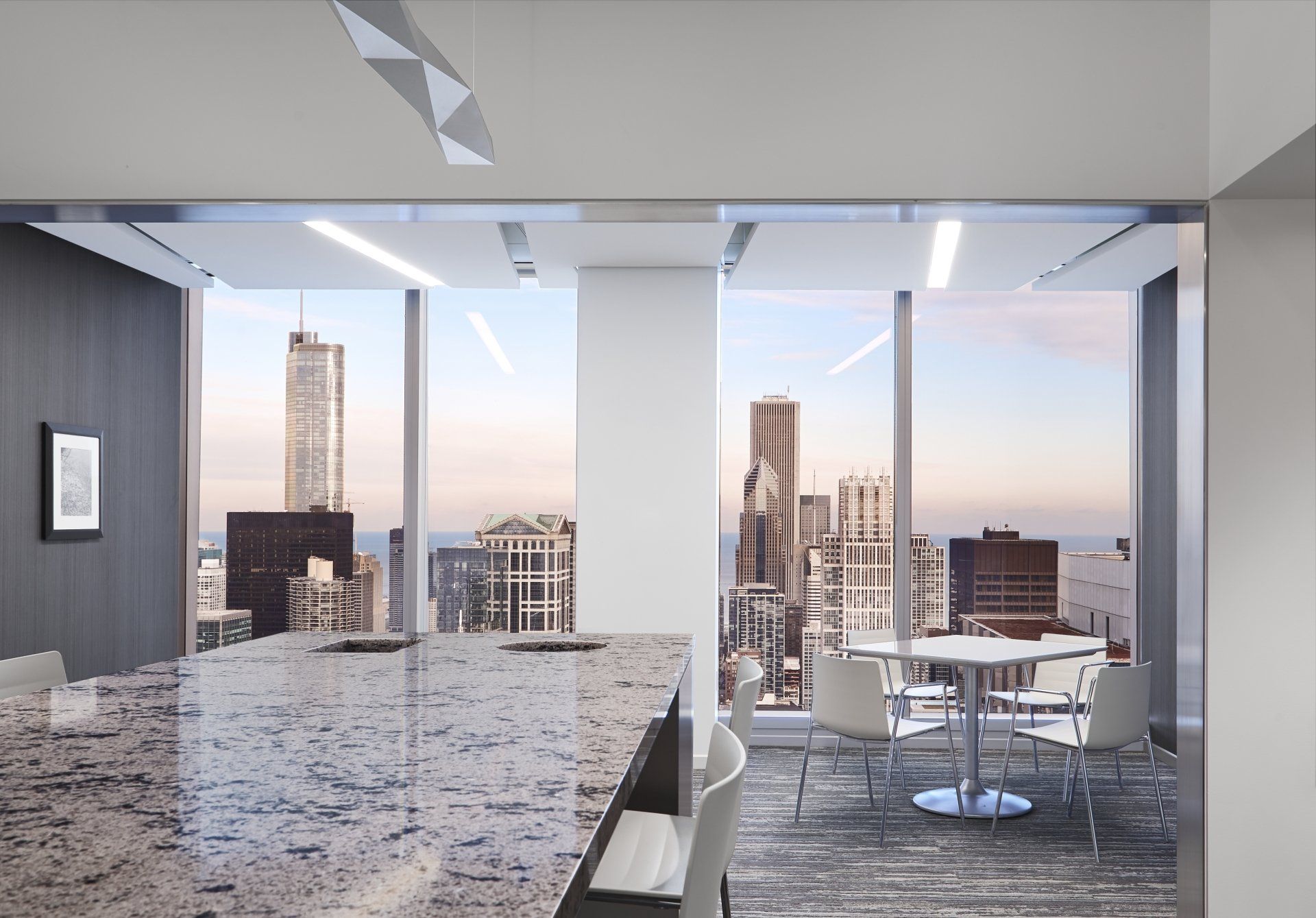 An artist 's impression of a dining room with tables and chairs and a view of the city.