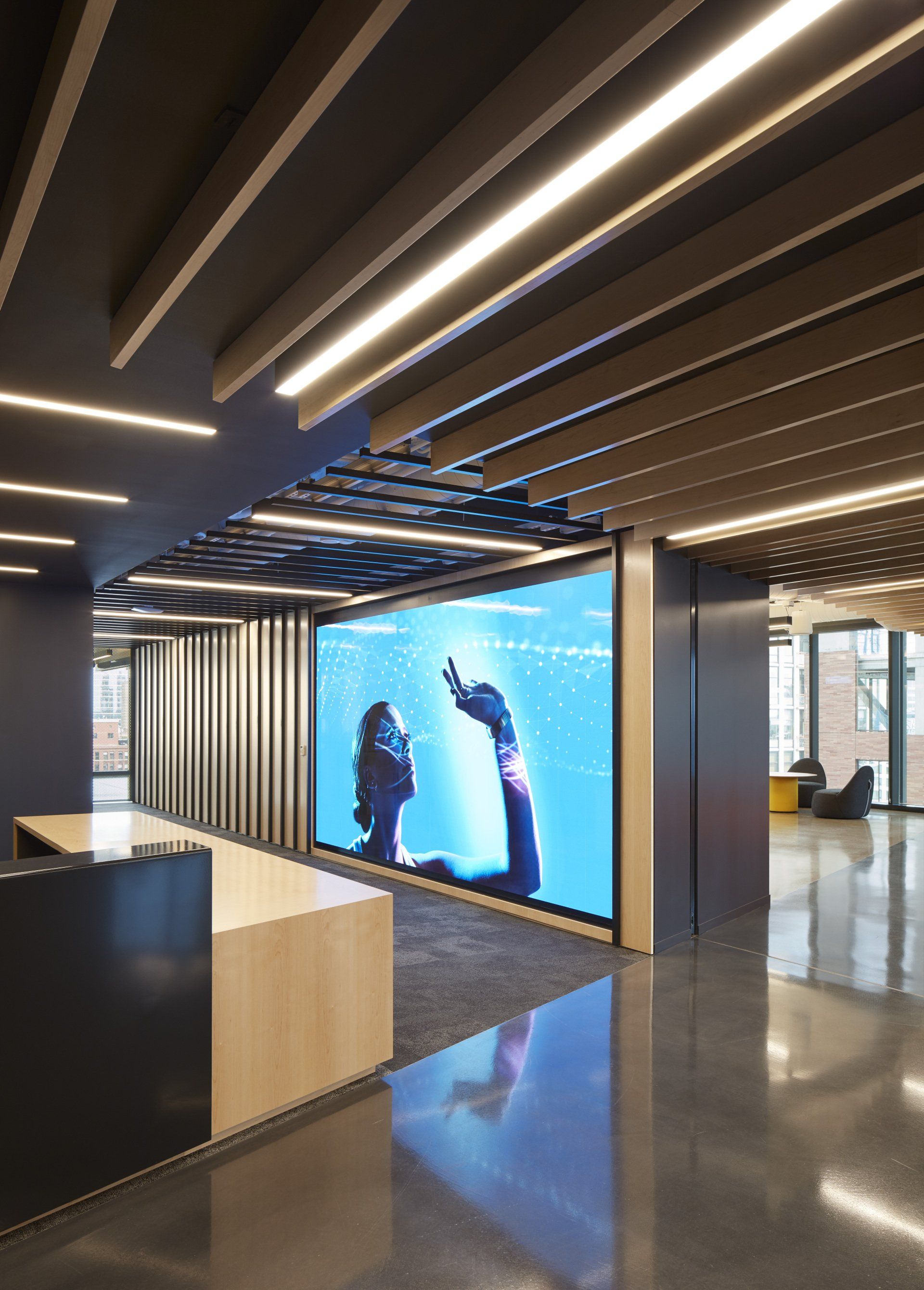 There is a large screen in the middle of the room.