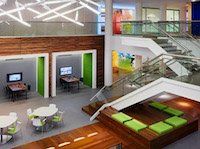 An aerial view of a large room with tables and chairs and stairs.