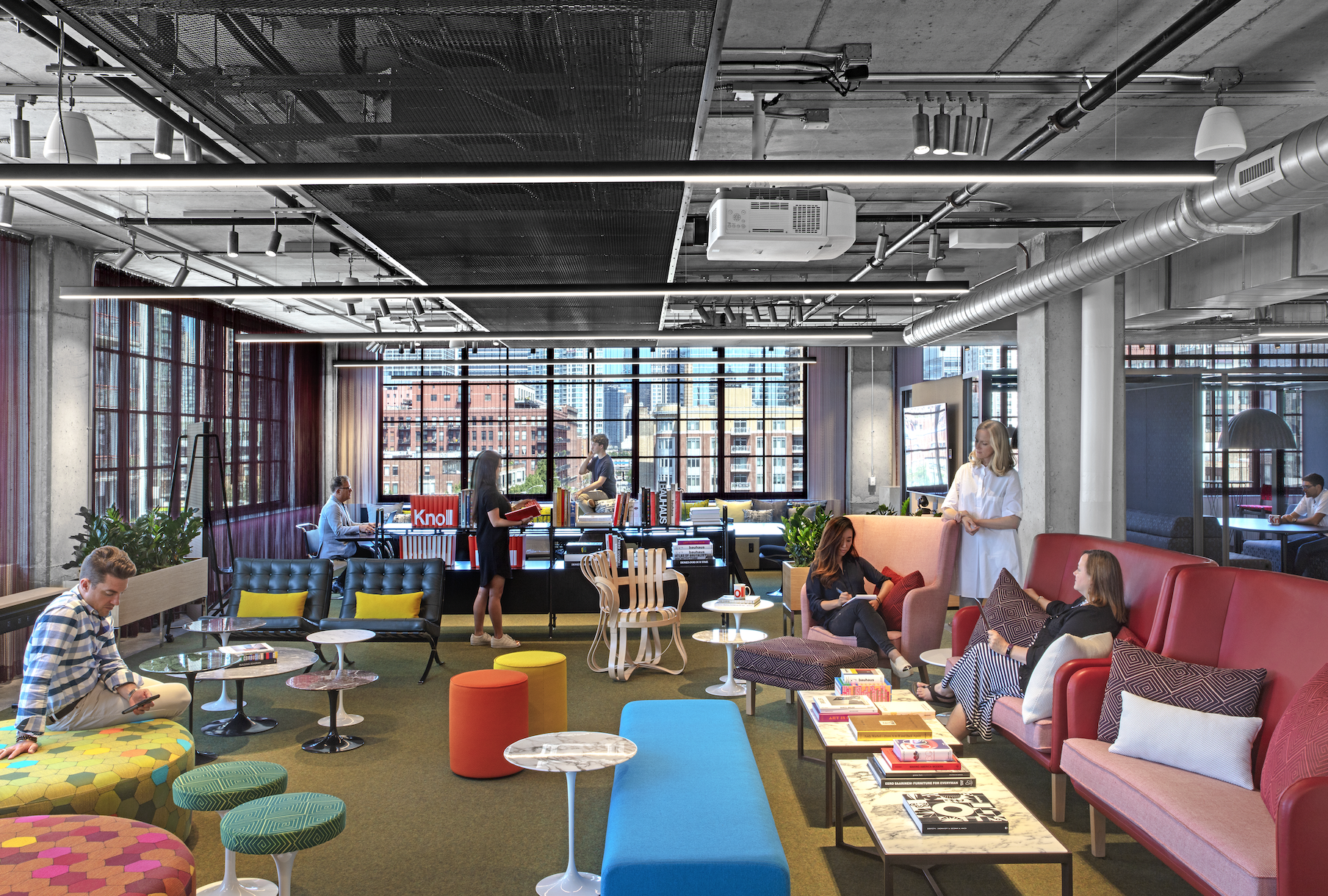 An artist 's impression of a living room filled with furniture and people.