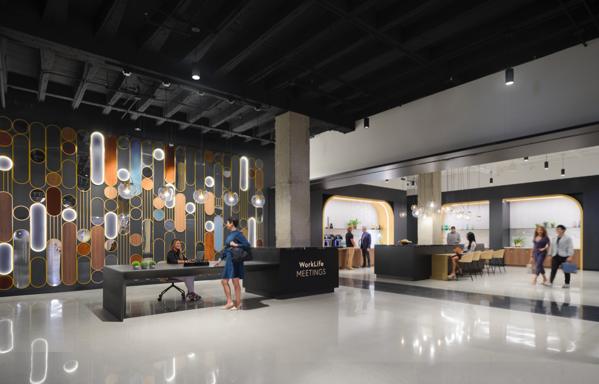 An artist 's impression of the lobby of a hotel.