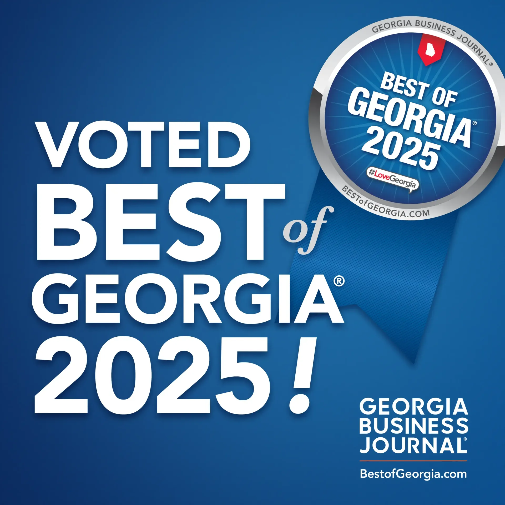 Blue award graphic reading “Voted Best of Georgia 2025” with Georgia Business Journal logo and badge.
