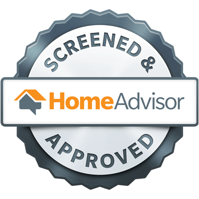 HomeAdvisor screened and approved badge with gray seal and orange-gray logo