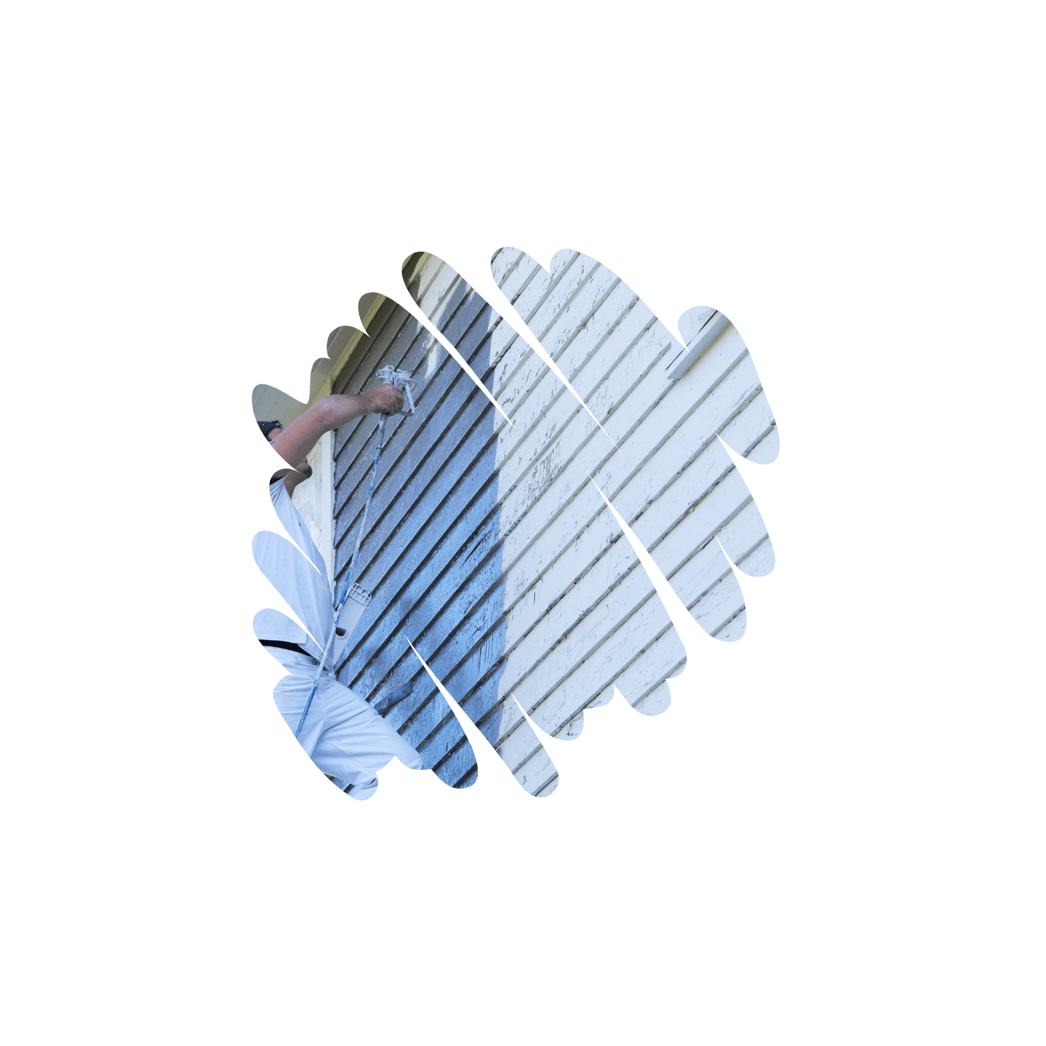 Professional painter applying fresh white paint to the exterior of a two-story home in Lansing.