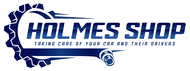 Holmes Shop logo in blue and white with tagline “Taking care of your car and their drivers”