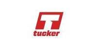 A red and white logo for tucker on a white background.