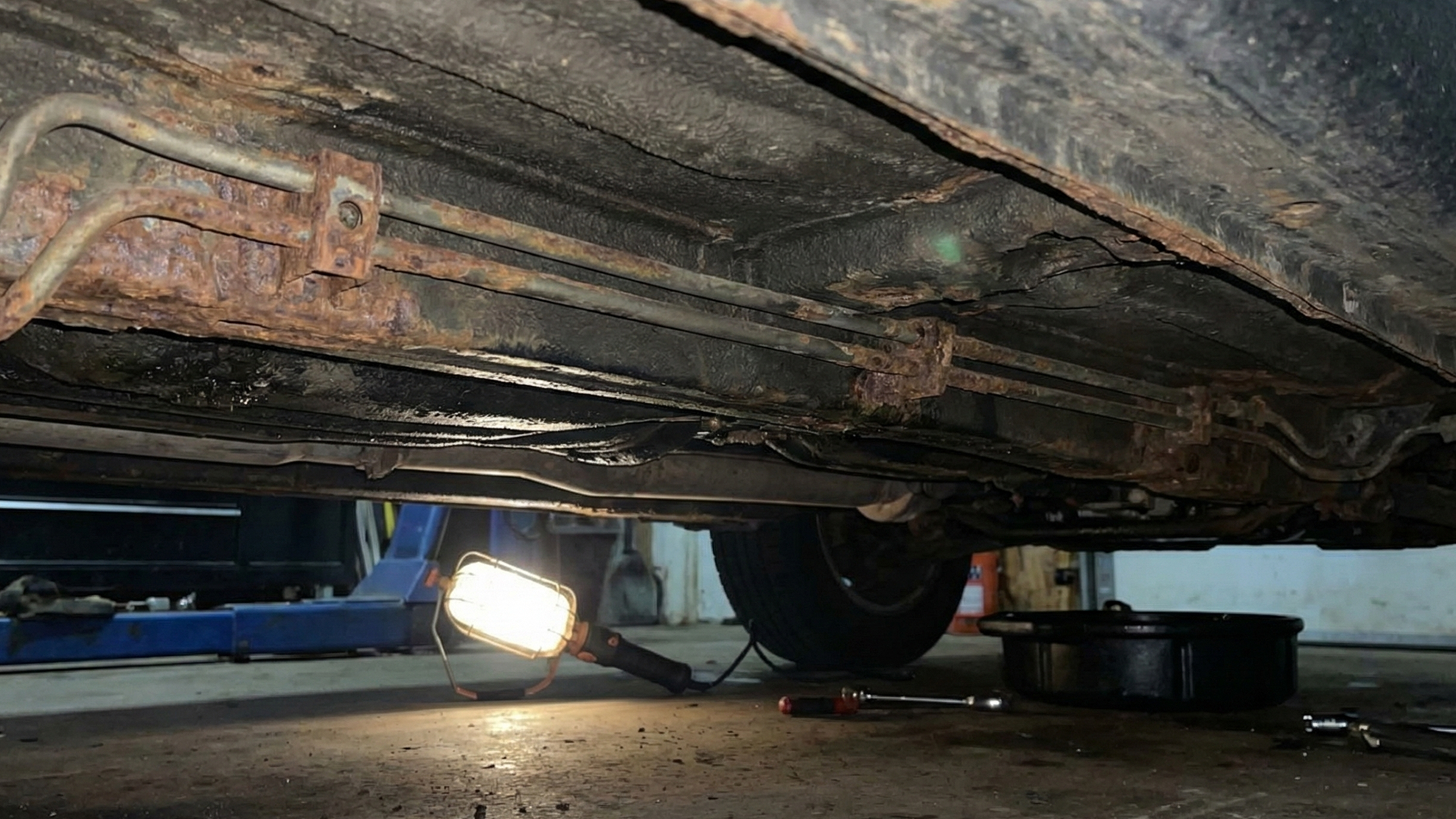 The underside of a car is sitting on a lift in a garage.