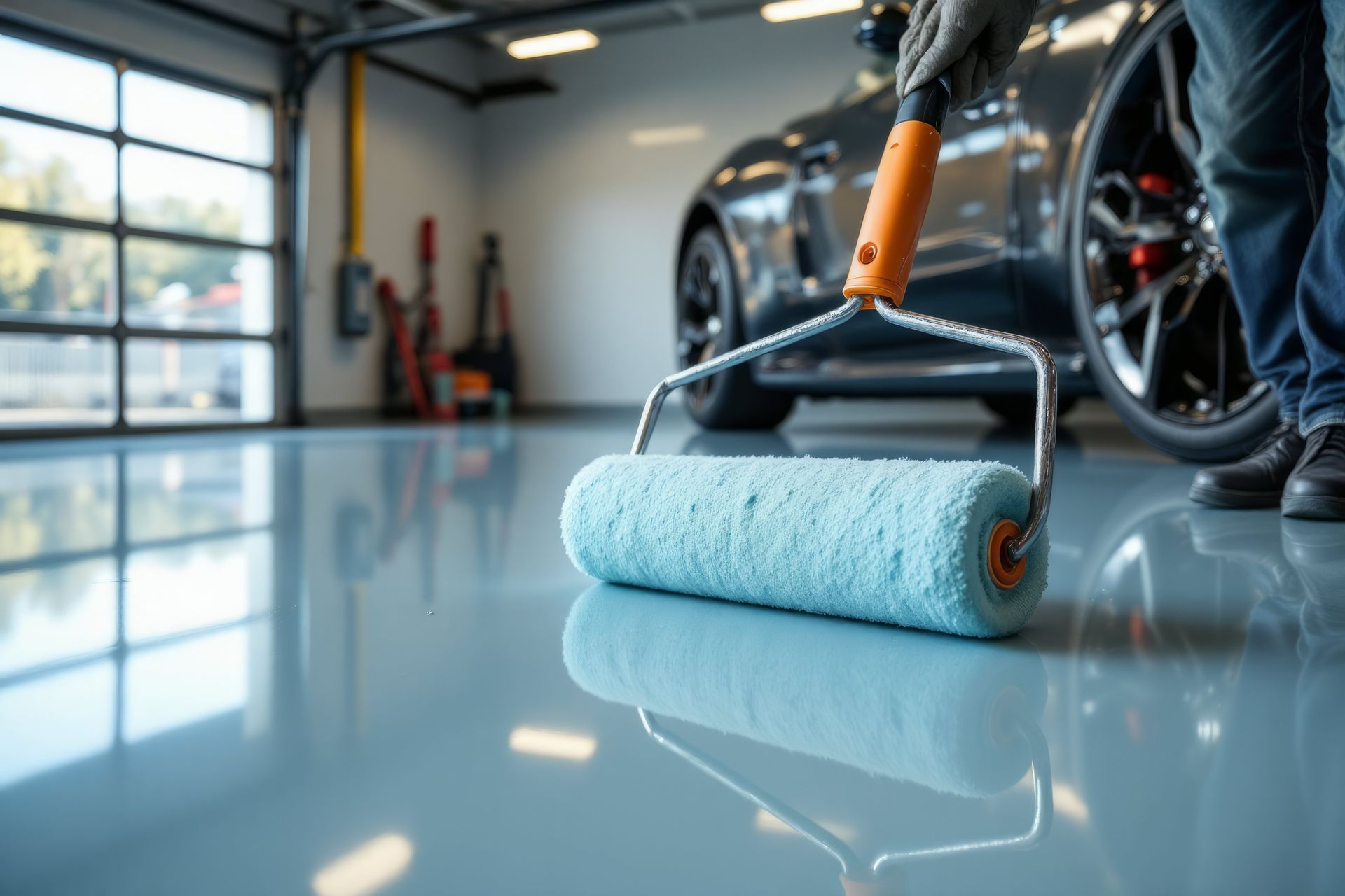 Person rolling epoxy coating on a shiny garage floor next to a sports car.