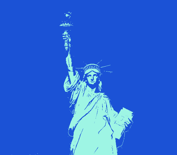 A statue of liberty holding a torch on a blue background
