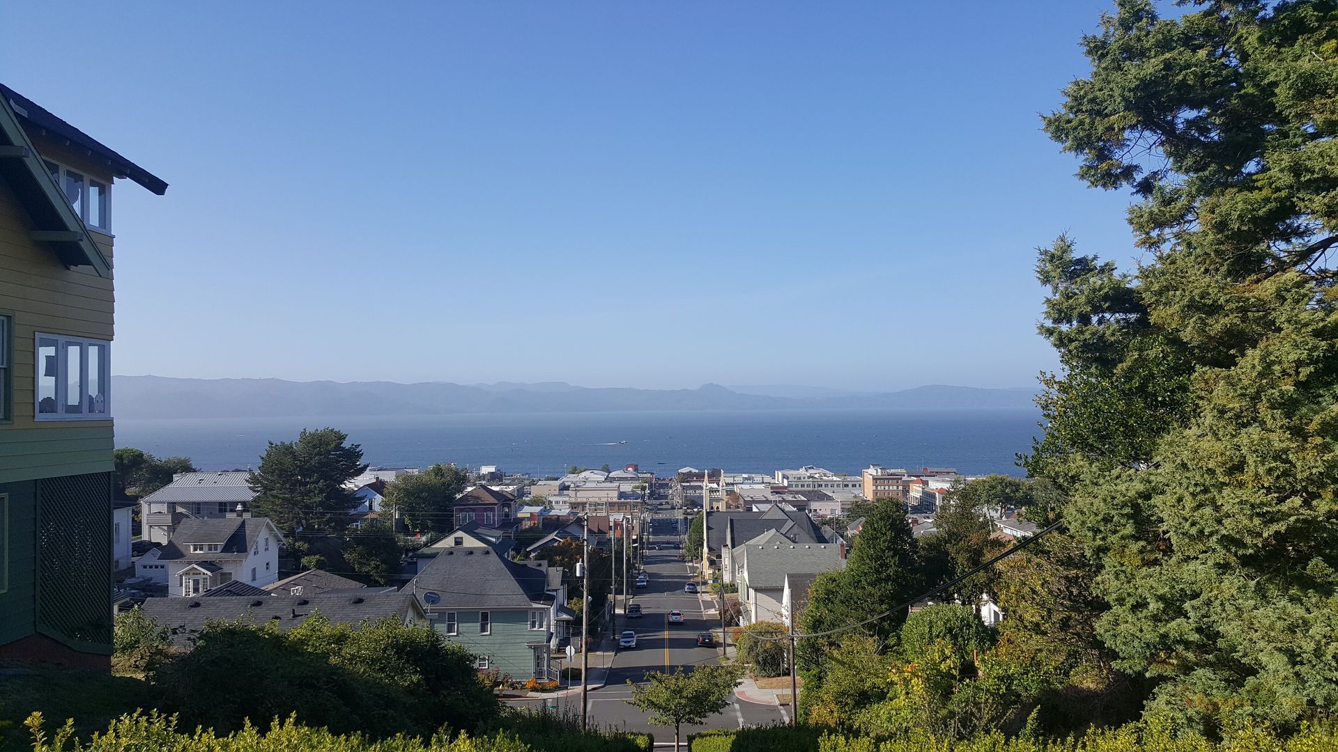 A view of a city from a hill overlooking the ocean