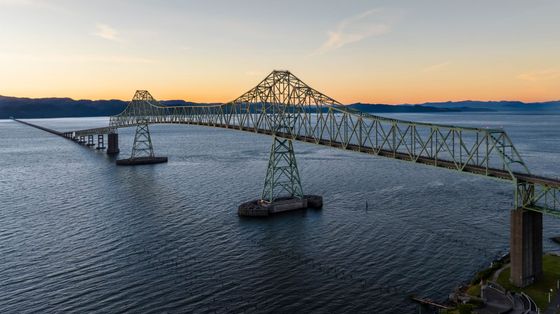 An aerial view of a bridge over a body of water.