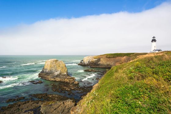 A lighthouse is sitting on top of a cliff overlooking the ocean.