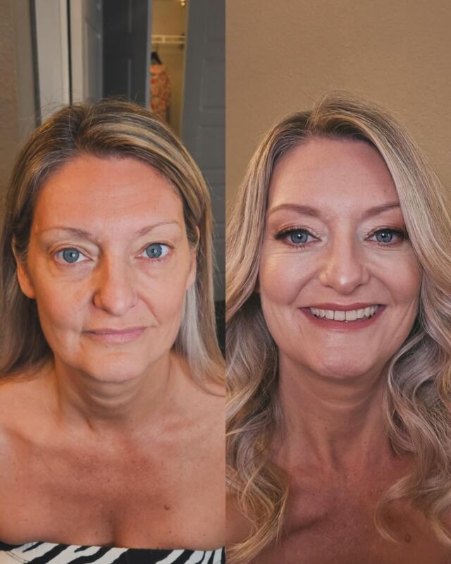 A before and after photo of a woman 's face with and without makeup.