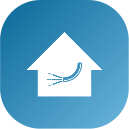 White house icon with fiber optic cable inside, on a blue rounded square background.