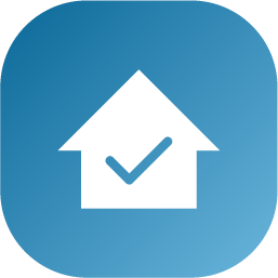 White house icon with a checkmark, on a blue rounded square background.