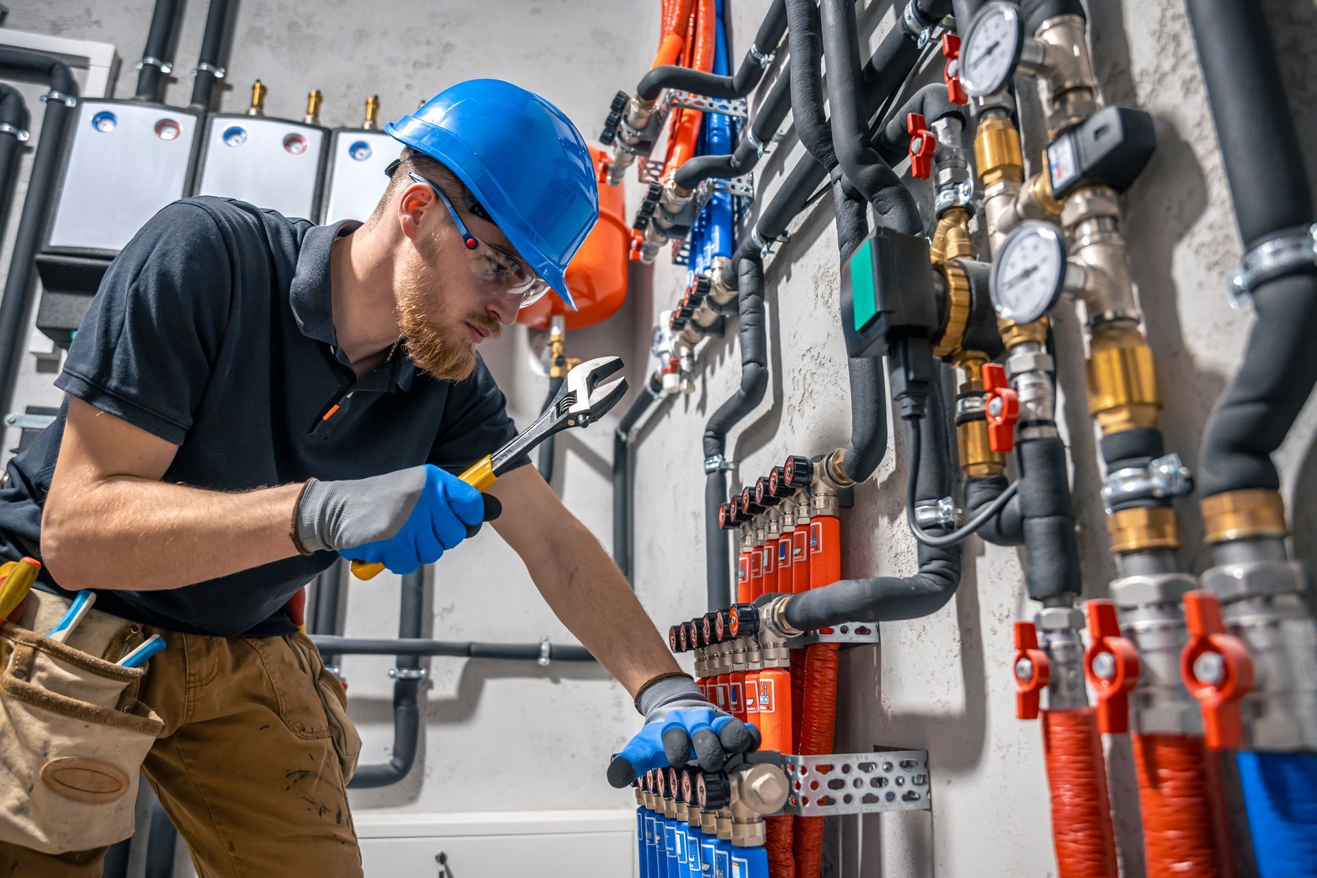 A man wearing a hard hat and gloves is working on pipes in a room.
