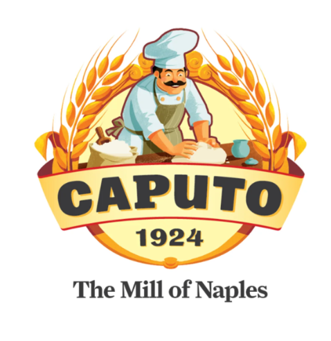 Caputo flour logo with baker kneading dough, Naples, Italy. Wheat stalks frame the design.