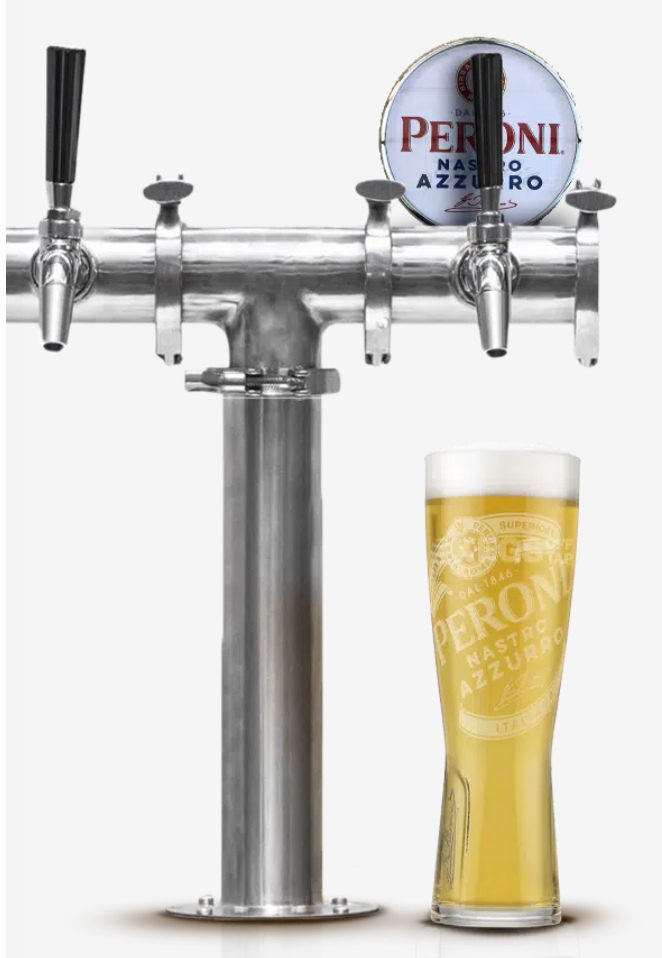Beer tap with a glass of Peroni Nastro Azzurro being poured.