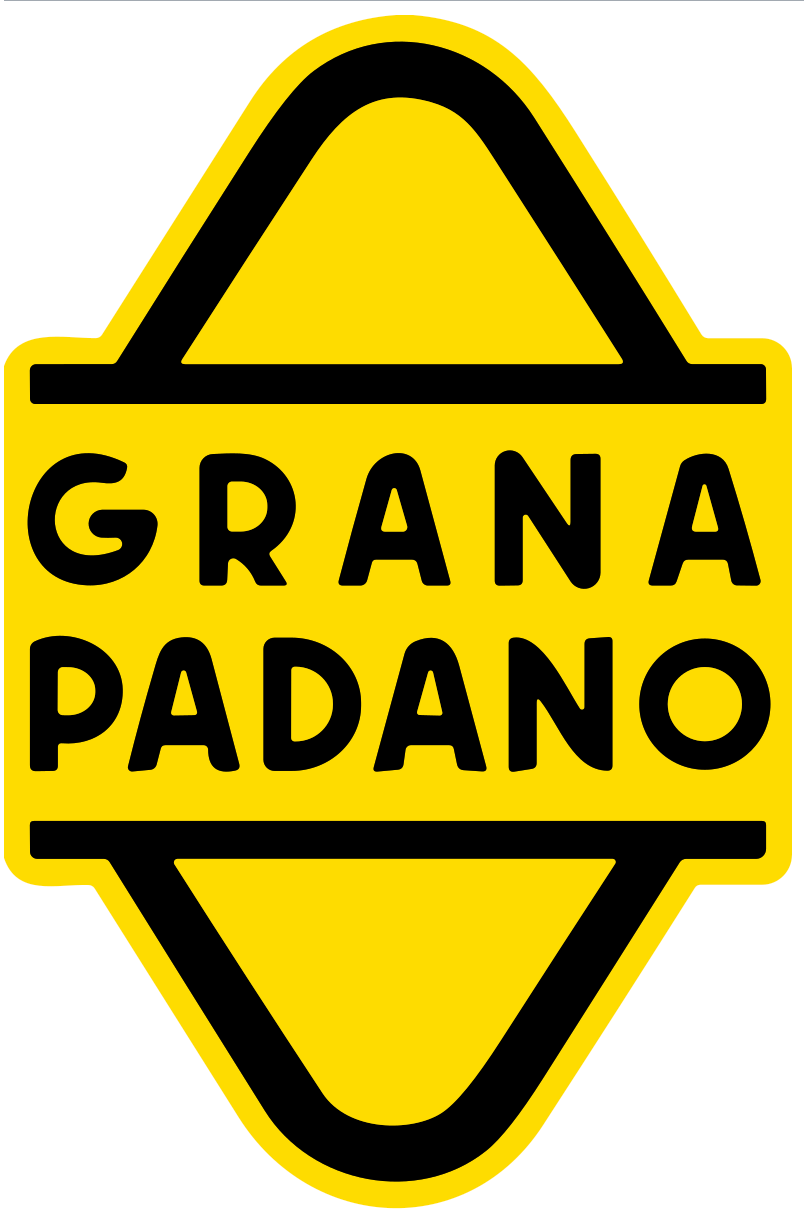 Yellow and black Grana Padano cheese logo.