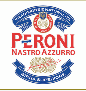 Peroni Nastro Azzurro beer logo in red and blue, with a crest and text