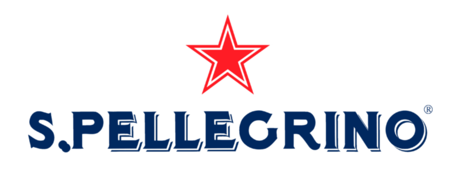 S.Pellegrino logo: dark blue text, red star, white background.
