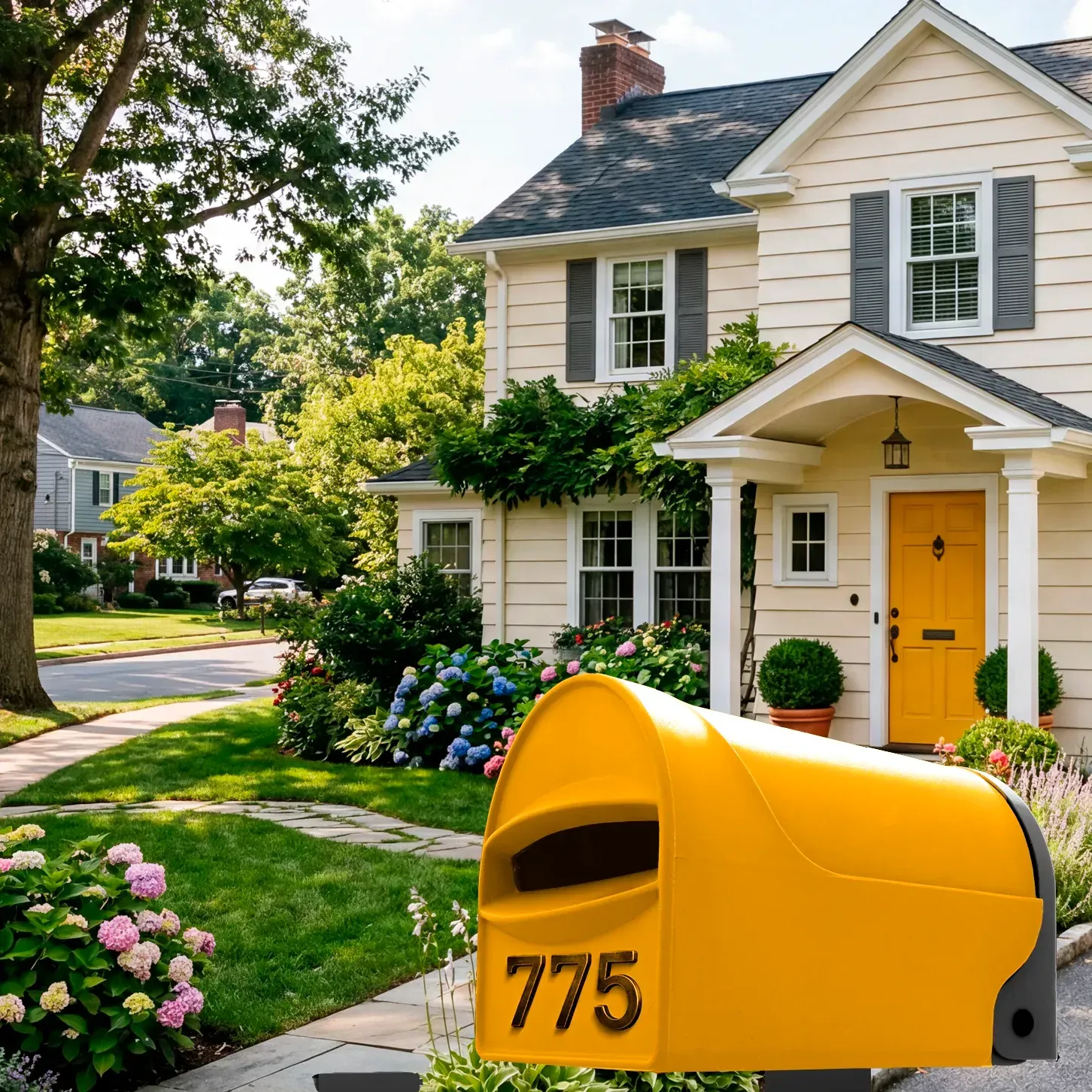 A modern, yellow rural and residential mailbox with a rounded top and a front mail slot, unbreakable from Tuffies Letterboxes NZ and Australia