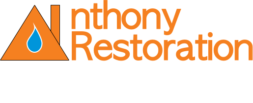 A logo for anthony restoration with an orange triangle and a drop of water