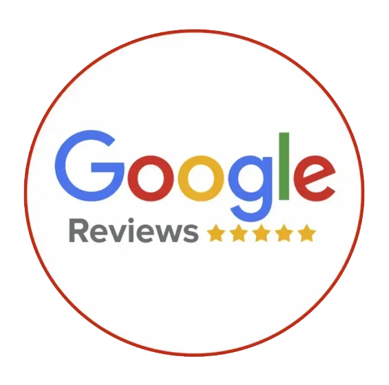 A google reviews logo in a red circle on a white background