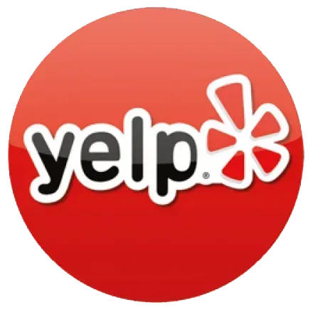 A yelp logo in a red circle on a white background