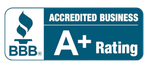 A blue sign that says accredited business a + rating