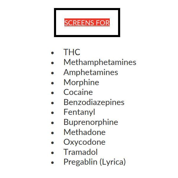 A list of screens for various drugs including thc