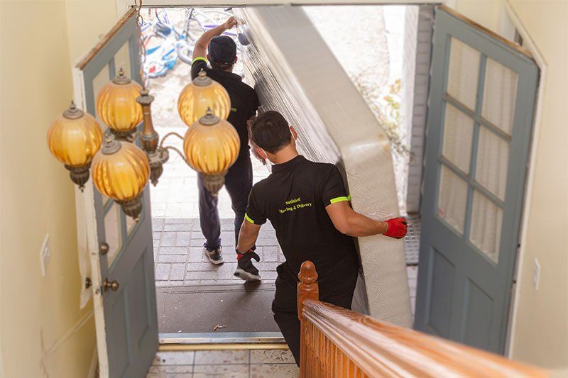 Two men are carrying a refrigerator down a set of stairs.