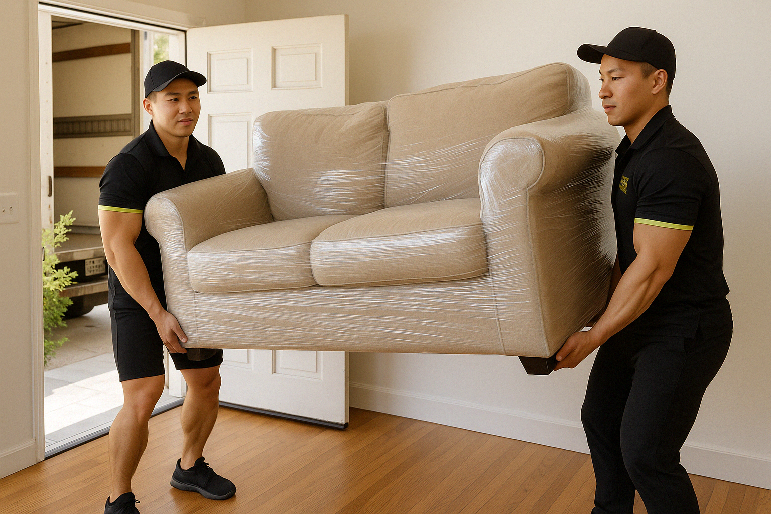 Two men wearing masks are carrying a mattress wrapped in plastic.