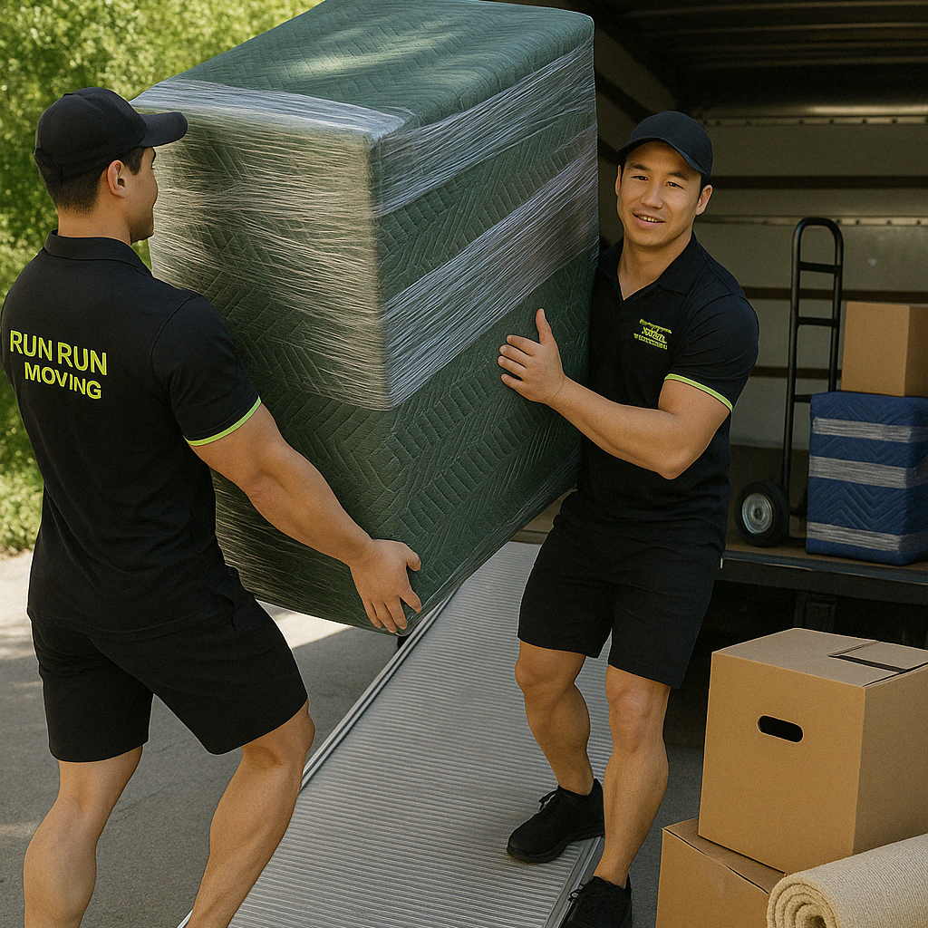 A man wearing a shirt that says run run moving is carrying a large box