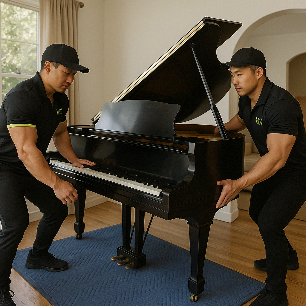 A man is wrapping a piano in plastic wrap.