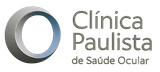 Logotipo da Clínica Paulista de Saúde Ocular. Forma circular cinza e azul à esquerda. Texto cinza à direita.