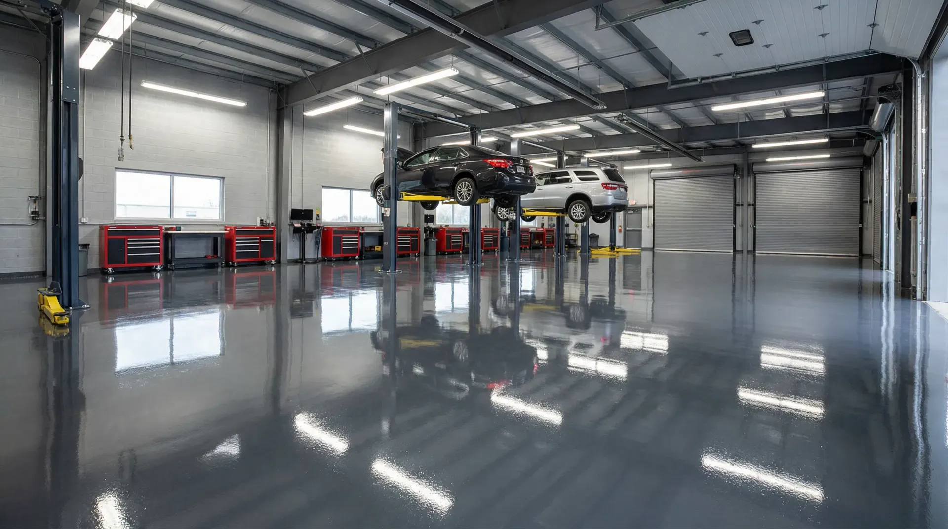 An empty underground parking garage with purple walls and blue floors.