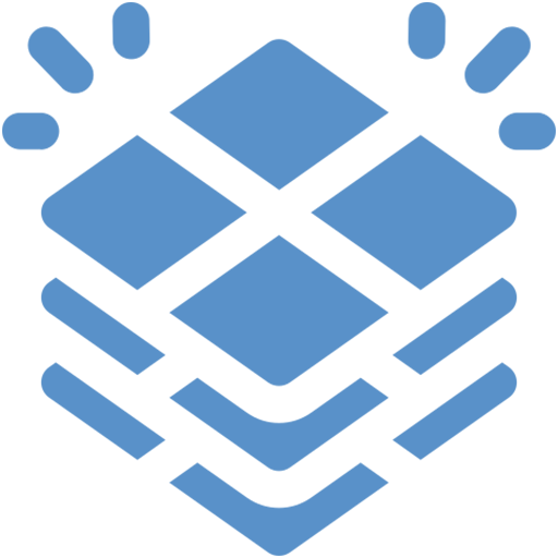 A blue icon of a stack of squares on a white background.