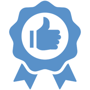 A blue ribbon with a thumbs up in the middle.