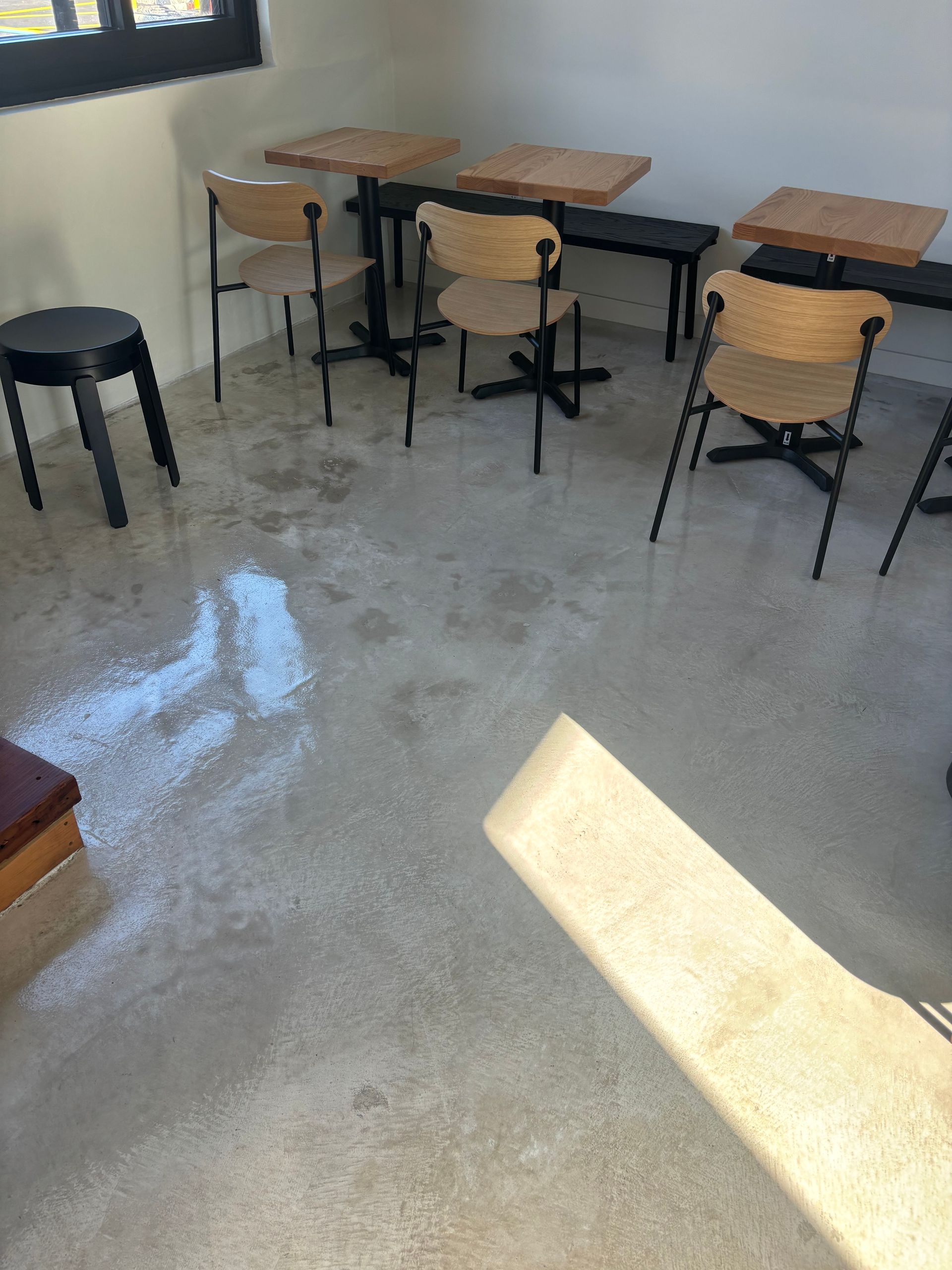 A room with tables and chairs on the floor