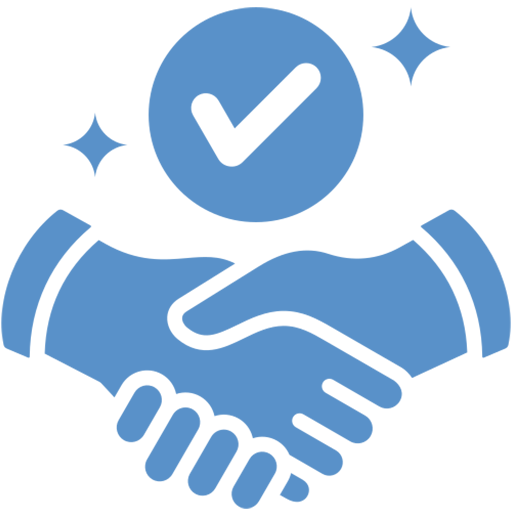 A blue icon of a handshake with a check mark in the middle.