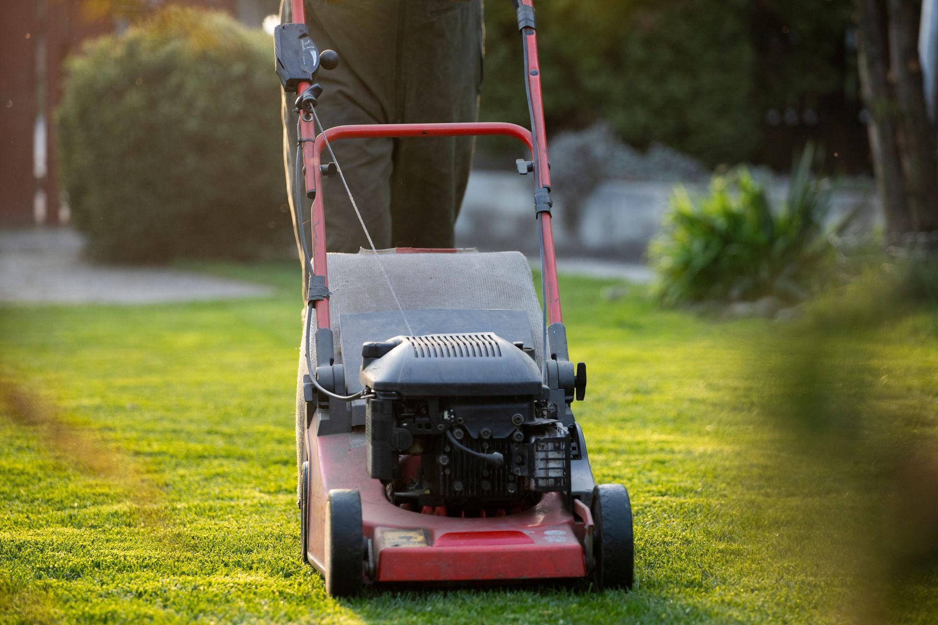 Person mowing a green lawn with a red and black lawnmower on a sunny day.