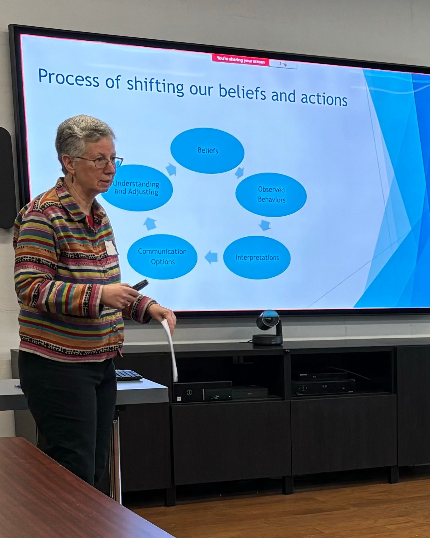 Woman presenting a diagram: shifting beliefs and attitudes. She gestures with a pen, in a conference room.
