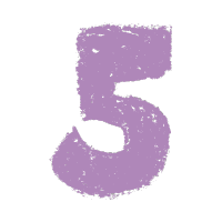 Purple crayon-drawn number 5 on white background.