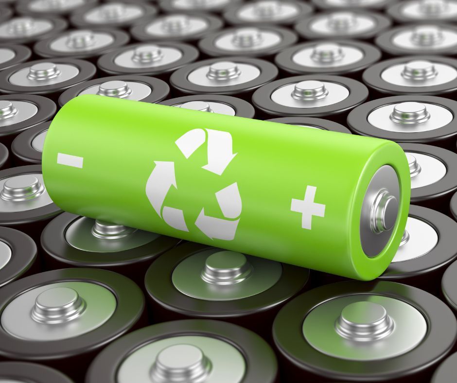 Green battery with recycling symbol, surrounded by black batteries.