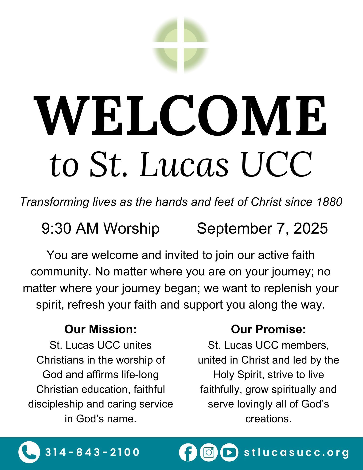 An example bulletin from St. Lucas UCC service information, mission, and contact details.