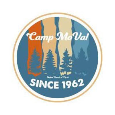 Camp MoVal logo with trees, text, and date; blues, oranges, and beige colors.
