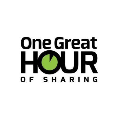 Logo for One Great Hour of Sharing: black text, green circular emblem in 