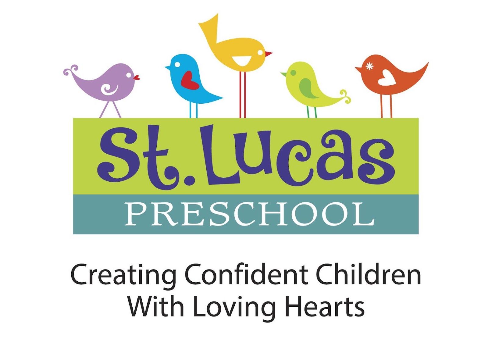 Logo for St. Lucas Preschool: colorful birds above a green and blue rectangle with the school name and tagline.