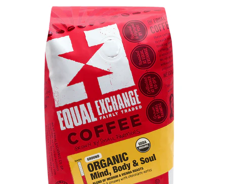 Red bag of Equal Exchange organic coffee, with logo and product details.